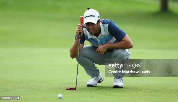 Adrian Oteagui of Spain lines up a putt on the 5th green during day three of the Saltire Energy Paul Lawrie Matchplay at Golf Resort Bad Griesbach on...