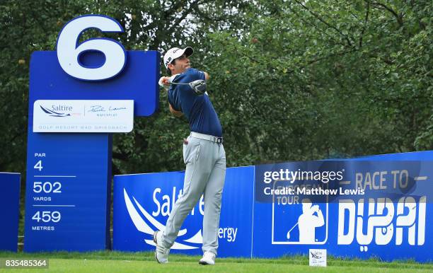 Adrian Oteagui of Spain tees off on the 6th hole during day three of the Saltire Energy Paul Lawrie Matchplay at Golf Resort Bad Griesbach on August...