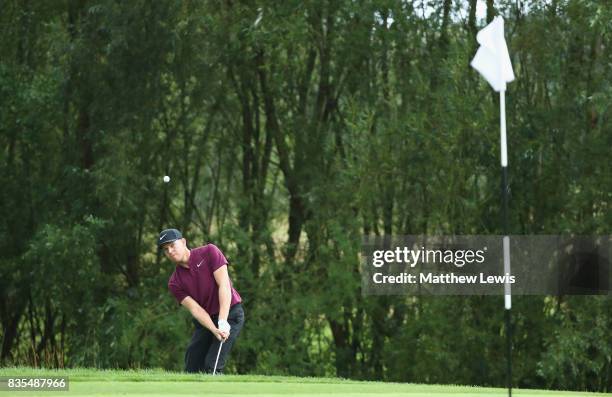 Alex Knappe of Germany chips onto the 5th green during day three of the Saltire Energy Paul Lawrie Matchplay at Golf Resort Bad Griesbach on August...