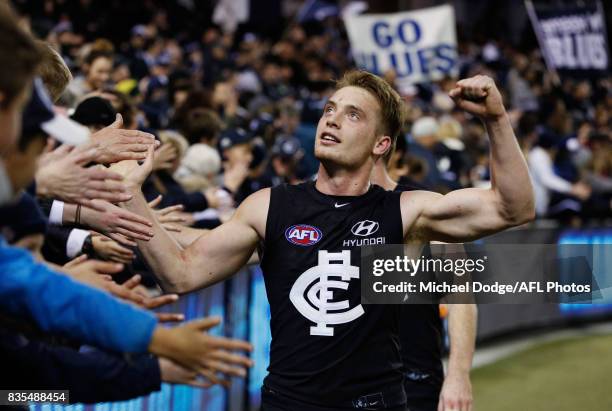 Ciaran Byrne of the Blues celebrates the win with fans during the round 22 AFL match between the Carlton Blues and the Hawthorn Hawks at Etihad...