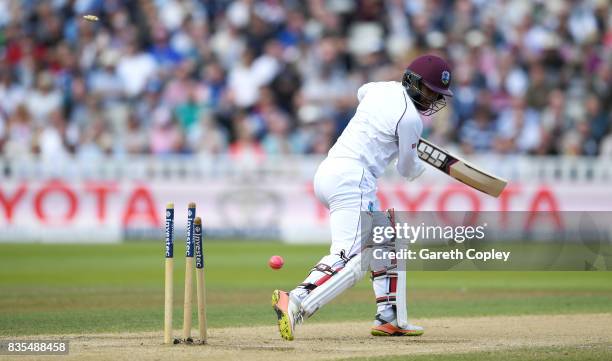 Shai Hope of the West Indies is bowled by Toby Roland-Jones of England during day three of the 1st Investec Test between England and the West Indies...