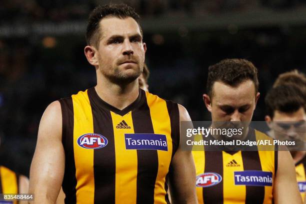 Luke Hodge of the Hawks looks dejected ater defeat during the round 22 AFL match between the Carlton Blues and the Hawthorn Hawks at Etihad Stadium...