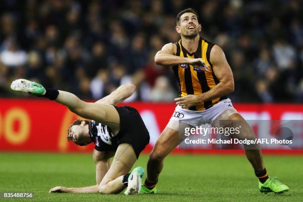 Luke Hodge of the Hawks throws down Jed Lamb of the Blues in a contest during the round 22 AFL match between the Carlton Blues and the Hawthorn Hawks...