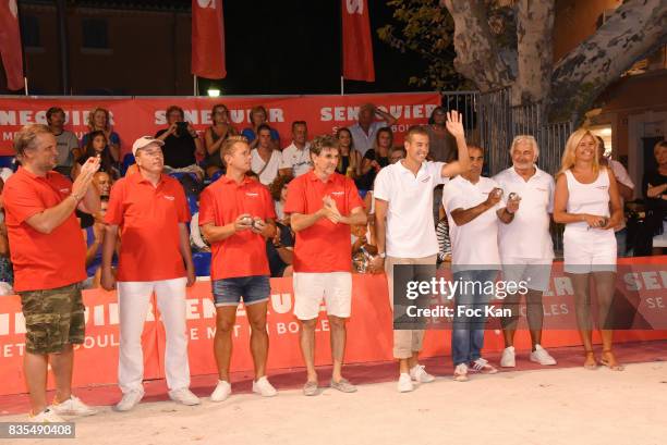 General view of atmosphere with petanque players and winners: Gilbert Fasola president of La Boule Tropezienne, Senequier President Thierry...