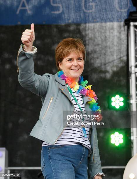 First Minister Nicola Sturgeon gives the thumbs up as she addresses the assembled crowd at Glasgow Pride on August 19, 2017 in Glasgow, Scotland. The...