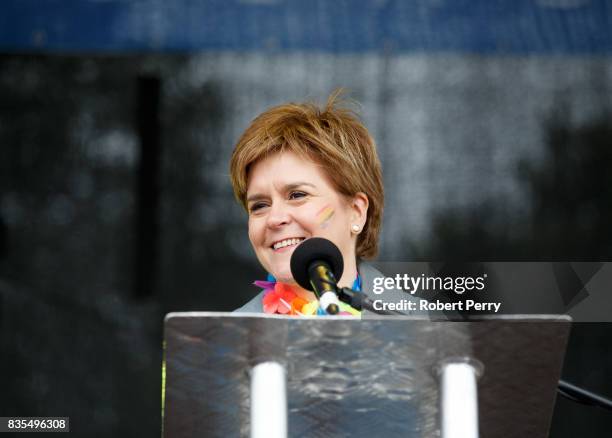 First Minister Nicola Sturgeon addresses the assembled crowd at Glasgow Pride on August 19, 2017 in Glasgow, Scotland. The largest festival of LGBTI...