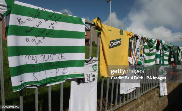 Celtic jerseys scarfs and flowers, at the scene where Kevin McDaid was killed in Coleraine, Co Londonderry.