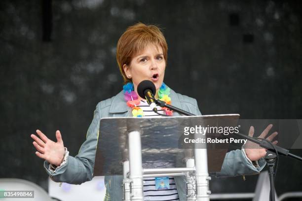 First Minister Nicola Sturgeon addresses the assembled crowd at Glasgow Pride on August 19, 2017 in Glasgow, Scotland. The largest festival of LGBTI...