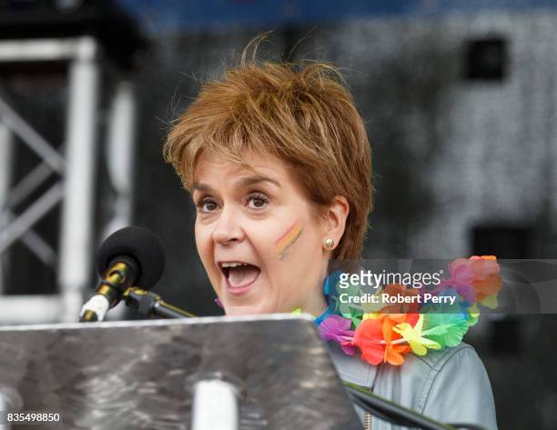 First Minister Nicola Sturgeon addresses the assembled crowd at Glasgow Pride on August 19, 2017 in Glasgow, Scotland. The largest festival of LGBTI...