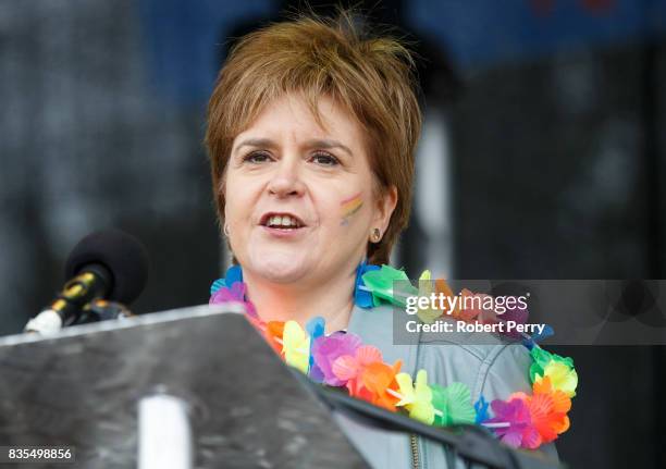 First Minister Nicola Sturgeon addresses the assembled crowd at Glasgow Pride on August 19, 2017 in Glasgow, Scotland. The largest festival of LGBTI...