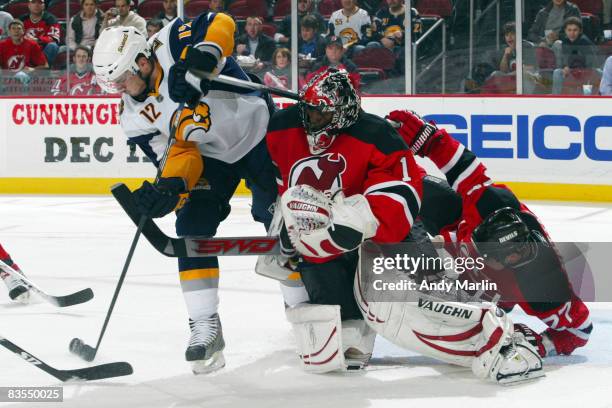 Kevin Weekes of the New Jersey Devils stops a shot on goal by Ales Kotalik of the Buffalo Sabres during the second period on November 3, 2008 at the...