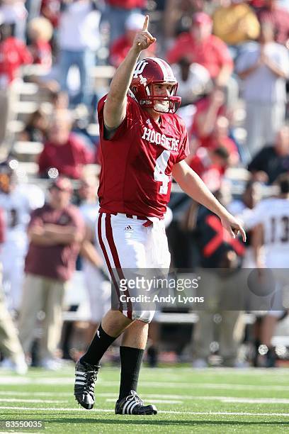Quarterback Ben Chappell of the Indiana Hooisers celebrates on the field during the game against the Central Michigan Chippewas at Memorial Stadium...