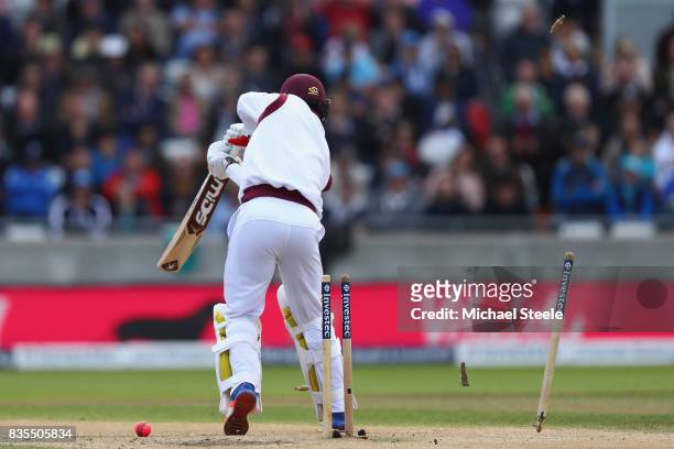 Kemar Roach of West Indies is bowled by Stuart Broad during day three of the 1st Investec Test match between England and West Indies at Edgbaston on...