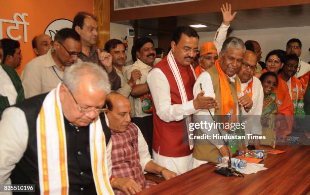 Samajwadi Party former minister Ashok Bajpai joins BJP in presence of Union Home Minister Rajnath Singh, BJP state president & DY CM K.P Maurya &...