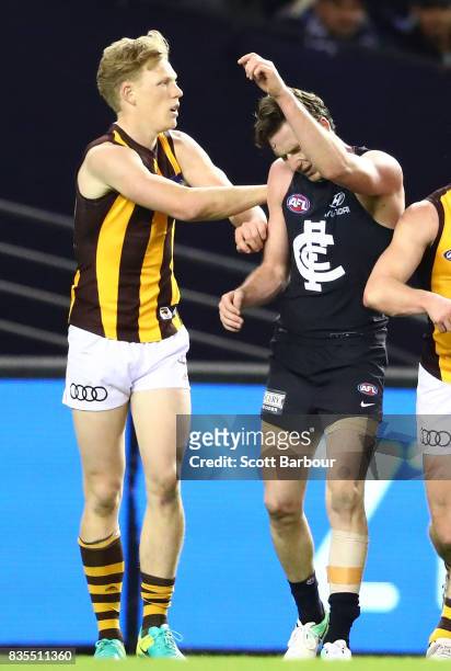 Jed Lamb of the Blues is pushed by James Sicily of the Hawks during the round 22 AFL match between the Carlton Blues and the Hawthorn Hawks at Etihad...