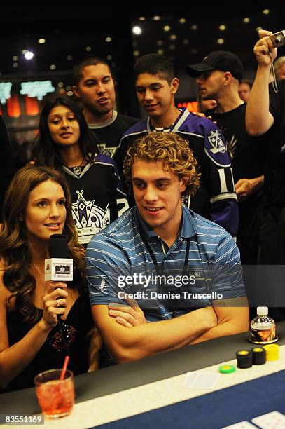 Anze Kopitar of the Los Angeles Kings is intervied by Heidi Androl as he plays cards at the Luc Robitaille Celebrity Poker Tournament To Benefit...