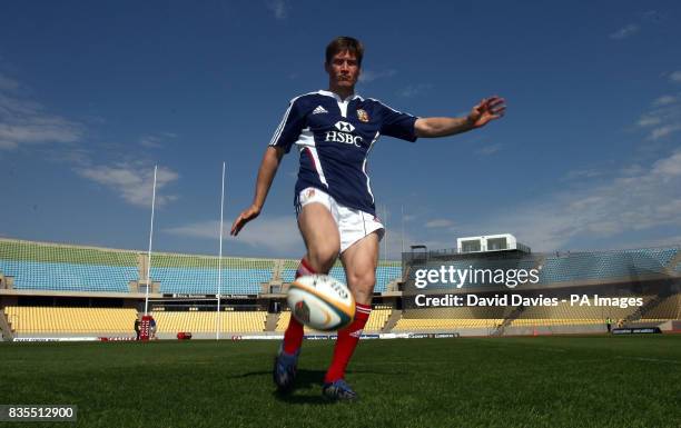 Lions' Ronan O'Gara practices kicking during the Captain's Run at the Royal Bafokeng Sports Palace, Rustenburg, South Africa.