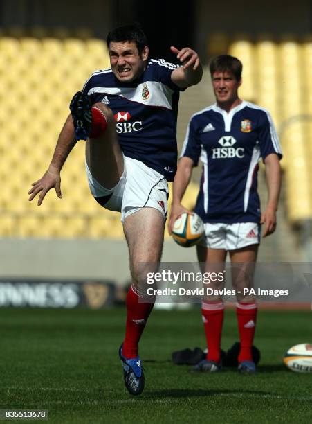 Stephen Jones practices his kicking during the Captain's Run at the Royal Bafokeng Sports Palace, Rustenburg, South Africa.