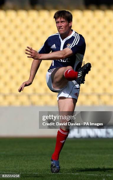 Lions' Ronan O'Gara practices kicking during the Captain's Run at the Royal Bafokeng Sports Palace, Rustenburg, South Africa.