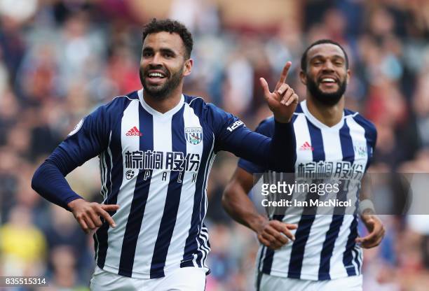 Hal Robson-Kanu of West Bromwich Albion celebrates scoring his sides first goal during the Premier League match between Burnley and West Bromwich...