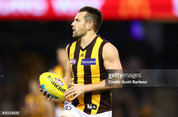 Luke Hodge of the Hawks runs with the ball during the round 22 AFL match between the Carlton Blues and the Hawthorn Hawks at Etihad Stadium on August...