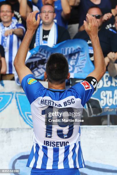 Vedad Ibisevic of Hertha BSC Berlin celebrates with their fans after the Bundesliga match between Hertha BSC and VfB Stuttgart at Olympiastadion on...