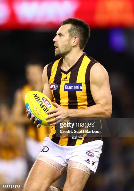 Luke Hodge of the Hawks runs with the ball during the round 22 AFL match between the Carlton Blues and the Hawthorn Hawks at Etihad Stadium on August...