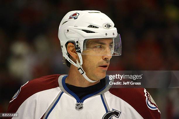Joe Sakic of the Colorado Avalanche looks on against the Chicago Blackhawks at the United Center on November 3, 2008 in Chicago, Illinois.