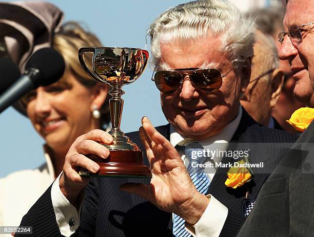 Bart Cummings, trainer of Viewed is presented with the trophy after winning the 2008 Emirates Melbourne Cup during The Melbourne Cup Carnival meeting...