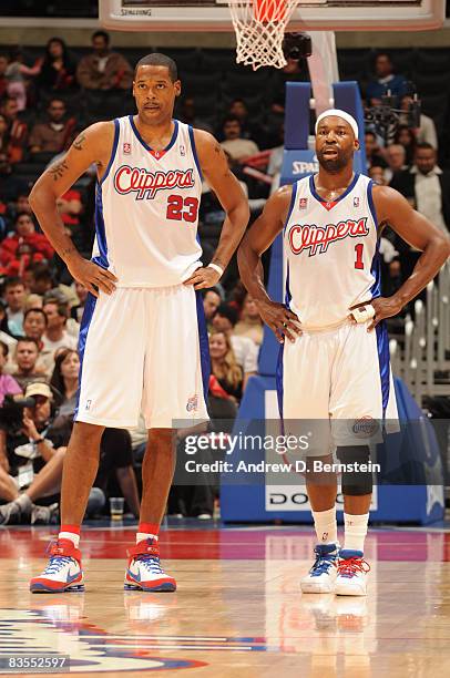 Marcus Camby and Baron Davis of the Los Angeles Clippers pause during a game against the Utah Jazz at Staples Center on November 3, 2008 in Los...