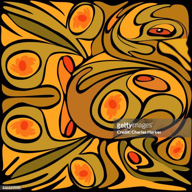 abstract golden color rooster pattern - huichol fotografías e imágenes de stock