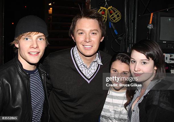 Hunter Parrish, Clay Aiken, Alexandra Socha and Emma Hunton pose backstage at "Spring Awakening" on Broadway at the Eugene O'Neill Theatre on...