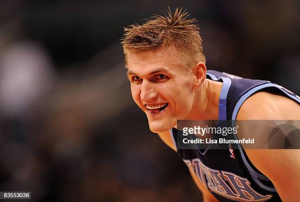 Andrei Kirilenko of the Utah Jazz looks on during the game against the Los Angeles Clippers at Staples Center on November 3, 2008 in Los Angeles,...