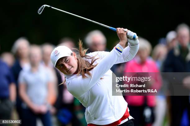 Lily May Humphreys of England hits an approach shot during the final of the Girls' British Open Amateur Championship at Enville Golf Club on August...