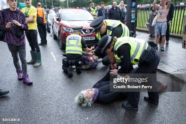 Police arrest people protesting that the police were allowed to leadthe march at Glasgow Pride on August 19, 2017 in Glasgow, Scotland. The largest...