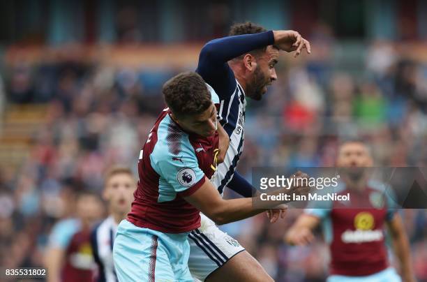 Hal Robson-Kanu of West Bromwich Albion fouls Matthew Lowton of Burnley and is later sent off for the challenge during the Premier League match...