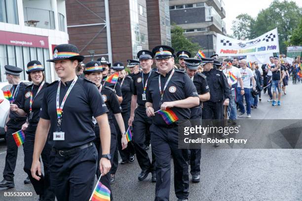 Police in Pride colours lead the march at the Glasgow Pride march on August 19, 2017 in Glasgow, Scotland. The largest festival of LGBTI celebration...