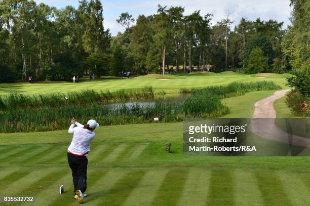 Lily May Humphreys of England tees off on the 16th hole during her semi-final match against Paula Kimer of Germany during the Girls' British Open...