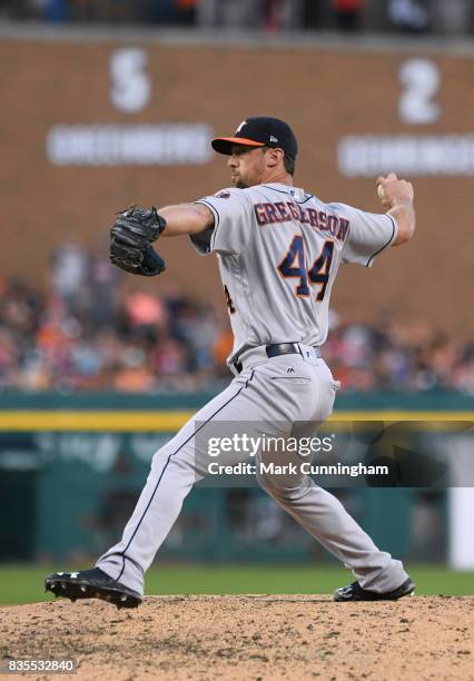 Luke Gregerson of the Houston Astros pitches during the game against the Detroit Tigers at Comerica Park on July 29, 2017 in Detroit, Michigan. The...