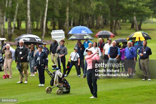 Emilie Overas of Norway hits an approach shot during the final of the Girls' British Open Amateur Championship at Enville Golf Club on August 19,...