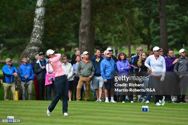 Emilie Overas of Norway tees off on the 8th hole during the final of the Girls' British Open Amateur Championship at Enville Golf Club on August 19,...