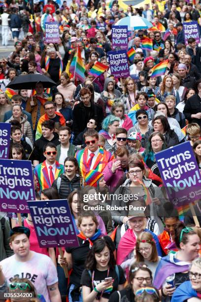 Participants walk through the streets of Glasgow during the Glasgow Pride march on August 19, 2017 in Glasgow, Scotland. The largest festival of...