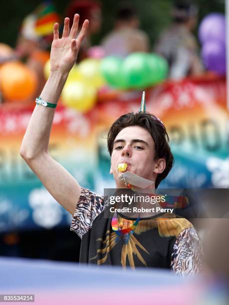 Participant blows a whistle during the Glasgow Pride march on August 19, 2017 in Glasgow, Scotland. The largest festival of LGBTI celebration in...