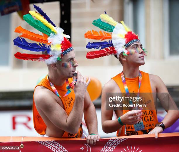 Participants wear Native American headresses during the Glasgow Pride march on August 19, 2017 in Glasgow, Scotland. The largest festival of LGBTI...
