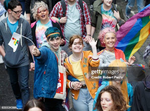 Participant pose for photos during the Glasgow Pride march on August 19, 2017 in Glasgow, Scotland. The largest festival of LGBTI celebration in...