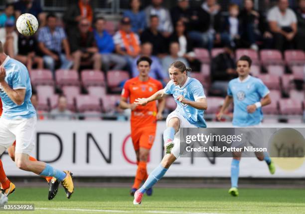 Pavel Cibicki of Malmo FF shoots during the Allsvenskan match between Athletic FC Eskilstuna and Malmo FF at Tunavallen on August 19, 2017 in...