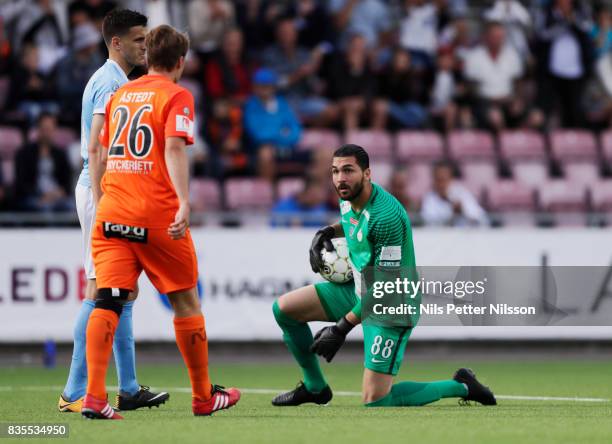 Alireza Haghighi, goalkeeperof Athletic FC Eskilstuna makes a save during the Allsvenskan match between Athletic FC Eskilstuna and Malmo FF at...