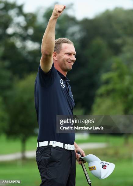 Marcel Siem of Germany celebrates his win against Robert Rock during day three of the Saltire Energy Paul Lawrie Matchplay at Golf Resort Bad...