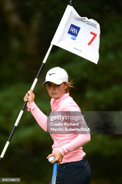 Emilie Overas of Norway looks on during the final of the Girls' British Open Amateur Championship at Enville Golf Club on August 19, 2017 in...