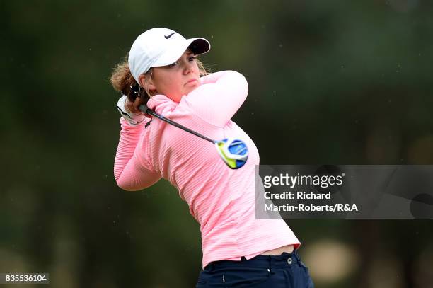 Emilie Overas of Norway tees off during the final of the Girls' British Open Amateur Championship at Enville Golf Club on August 19, 2017 in...